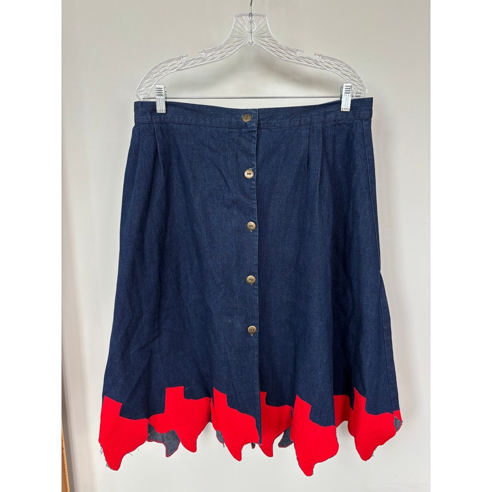 American Legends Vintage Denim Texas Applique Midi Skirt Blue Red Size 16 USA